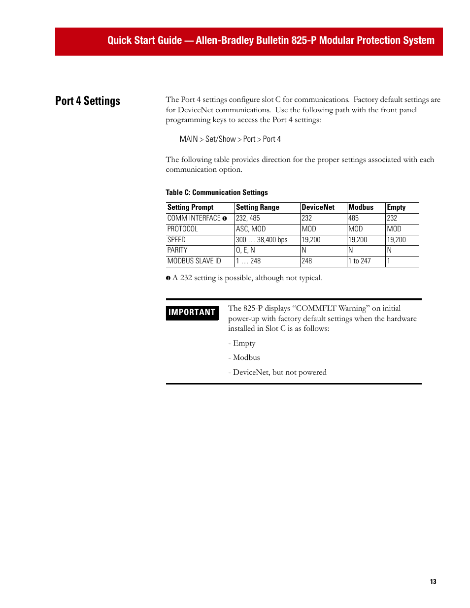 Port 4 settings, Quick start guide | Rockwell Automation 825P Modular Protection System Quick Start Guide User Manual | Page 13 / 32