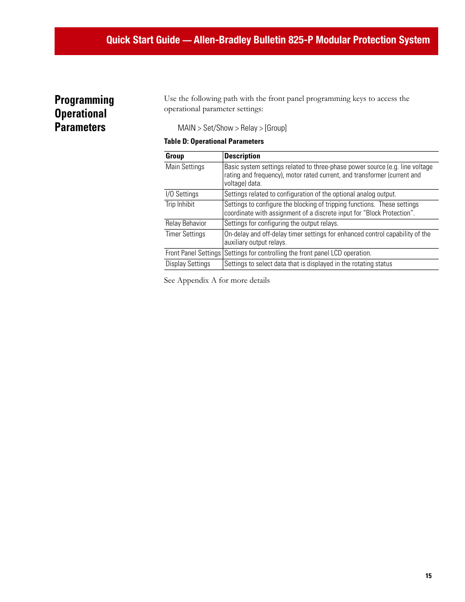 Programming operational parameters, Quick start guide | Rockwell Automation 825P Modular Protection System Quick Start Guide User Manual | Page 15 / 32