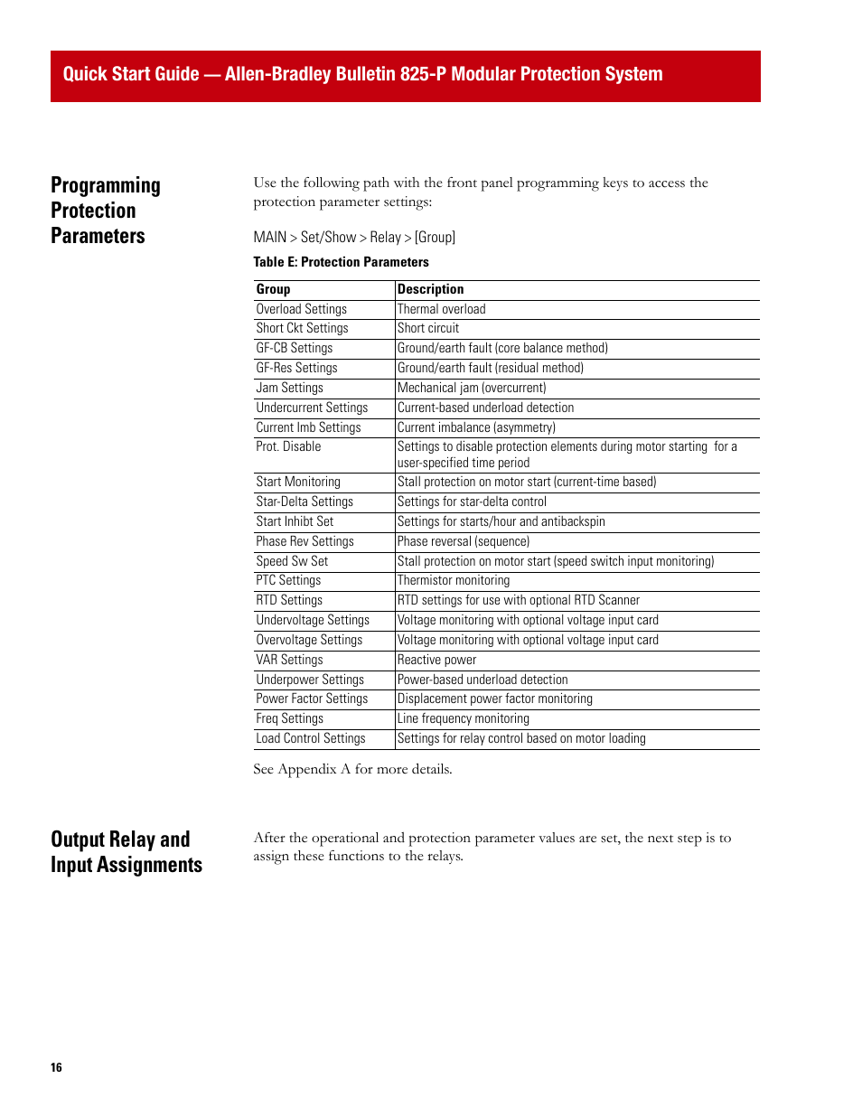 Programming protection parameters, Output relay and input assignments, Quick start guide | Rockwell Automation 825P Modular Protection System Quick Start Guide User Manual | Page 16 / 32