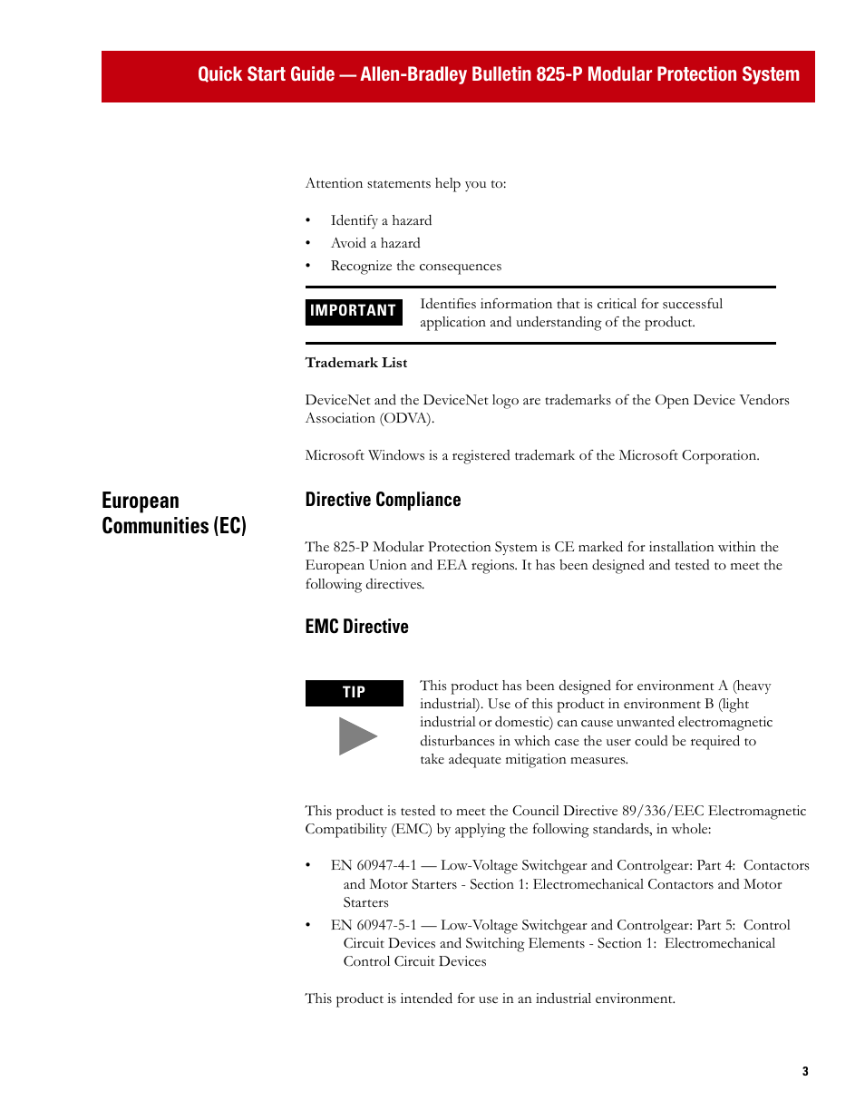 European communities (ec) | Rockwell Automation 825P Modular Protection System Quick Start Guide User Manual | Page 3 / 32