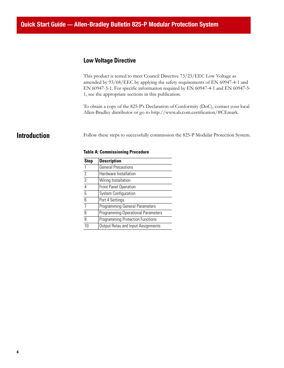 Introduction, Quick start guide, Low voltage directive | Rockwell Automation 825P Modular Protection System Quick Start Guide User Manual | Page 4 / 32