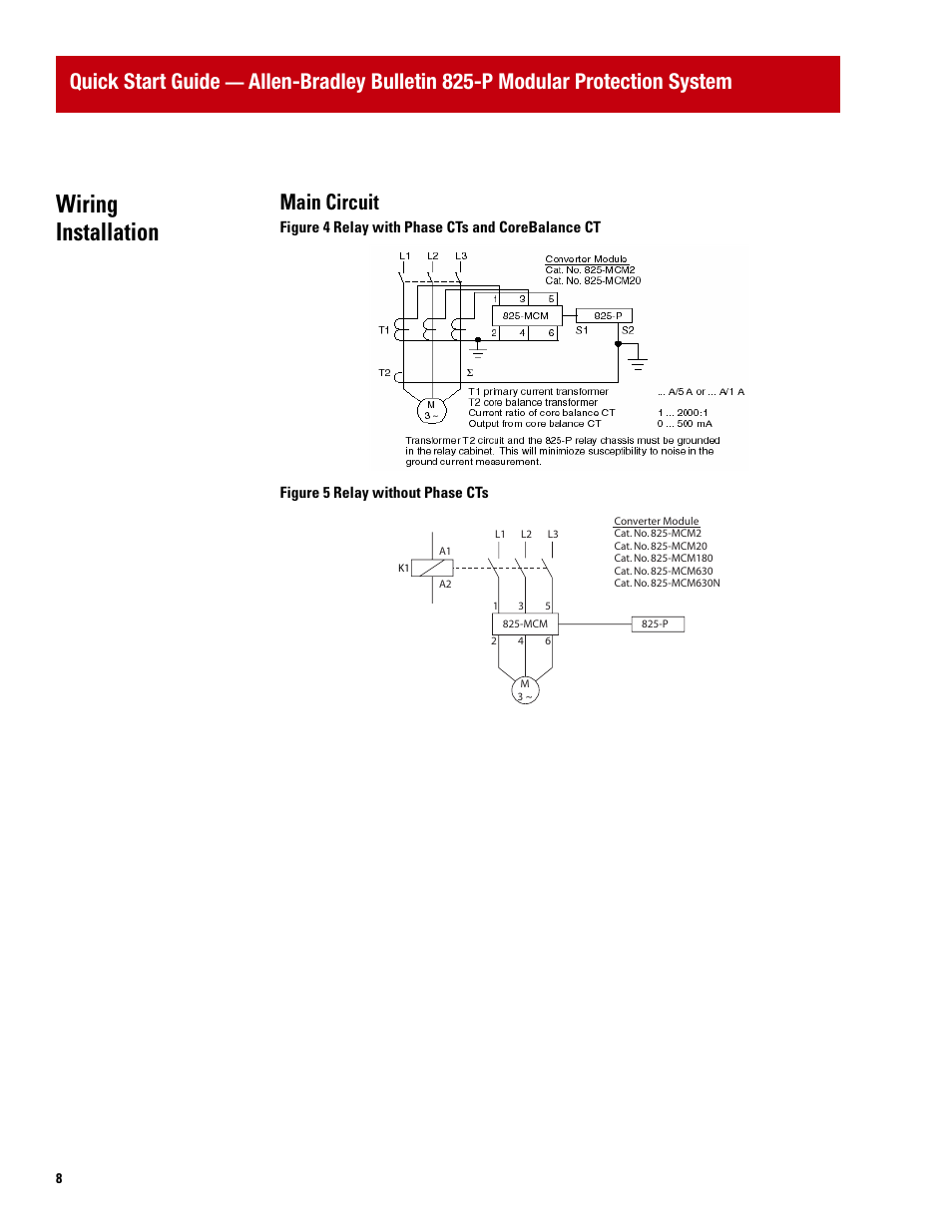 Wiring installation, Quick start guide, Main circuit | Rockwell Automation 825P Modular Protection System Quick Start Guide User Manual | Page 8 / 32