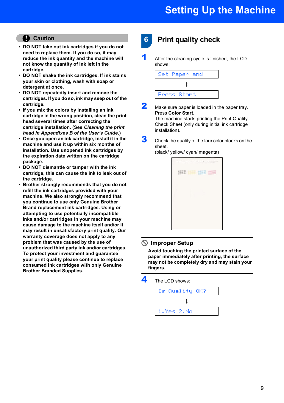 6 print quality check, Print quality check, Setting up the machine | 6print quality check, Set paper and, Press start, Is quality ok, Yes 2.no | Brother LASER PRINTER MFC-240C User Manual | Page 11 / 26