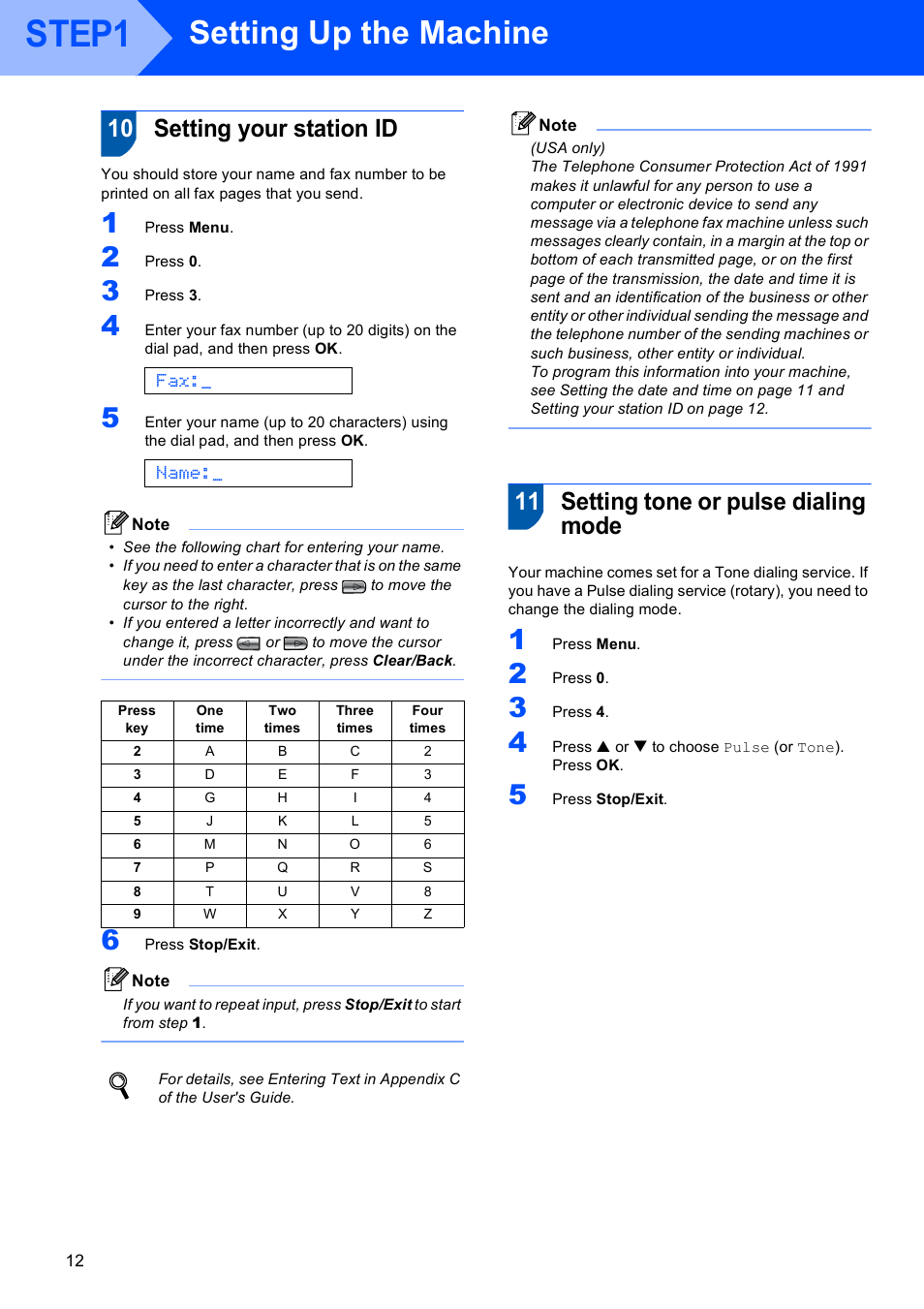 10 setting your station id, 11 setting tone or pulse dialing mode, Step1 | Setting up the machine, Name | Brother LASER PRINTER MFC-240C User Manual | Page 14 / 26