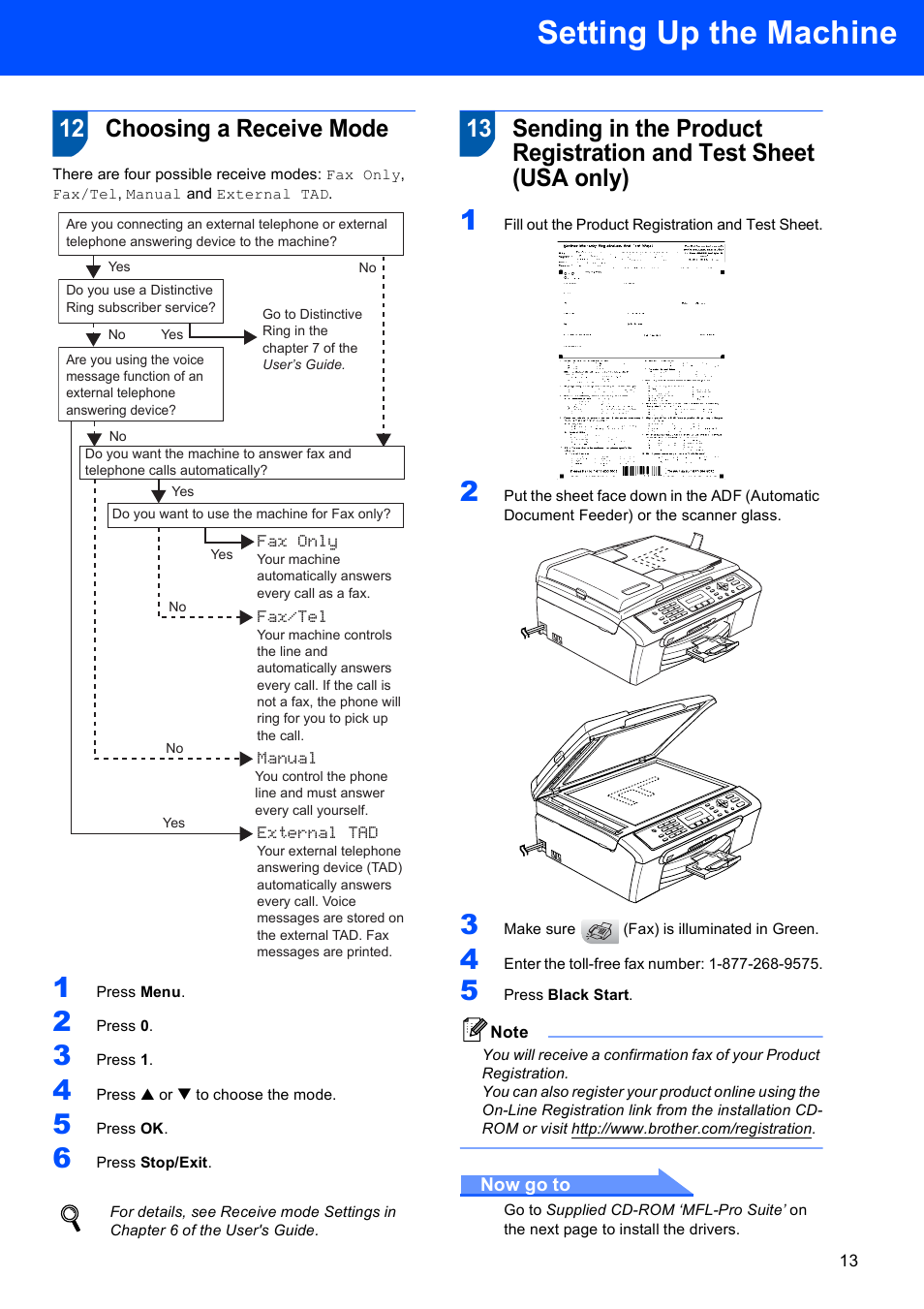 12 choosing a receive mode, Setting up the machine | Brother LASER PRINTER MFC-240C User Manual | Page 15 / 26