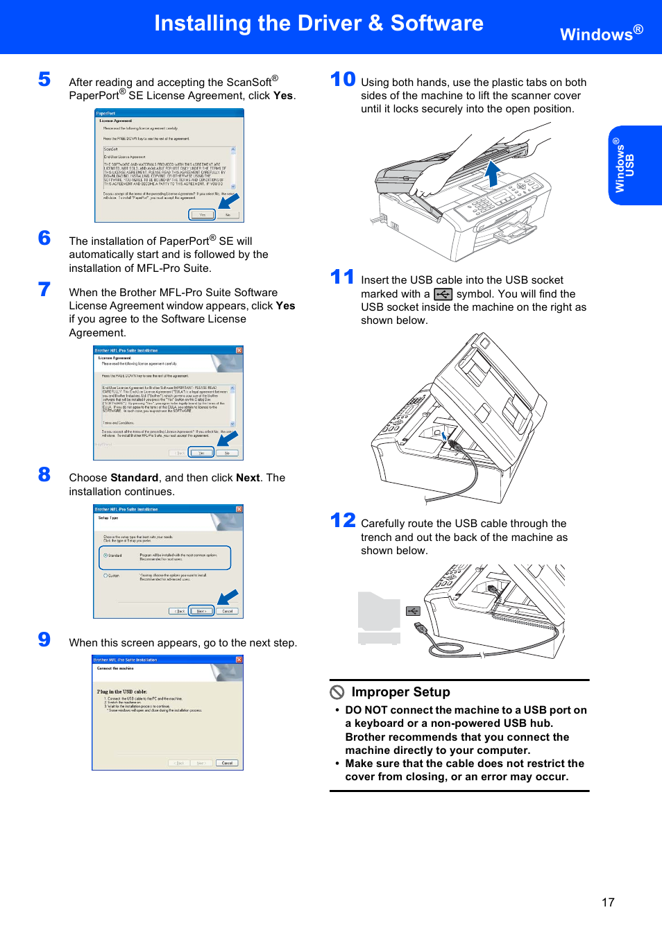 Installing the driver & software, Windows, Improper setup | Brother LASER PRINTER MFC-240C User Manual | Page 19 / 26