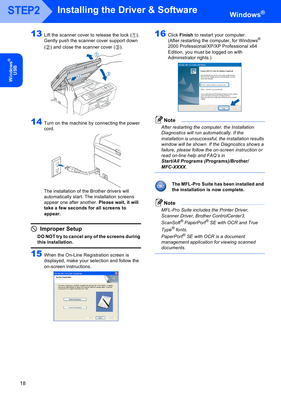 Step2, Installing the driver & software, Windows | Improper setup | Brother LASER PRINTER MFC-240C User Manual | Page 20 / 26