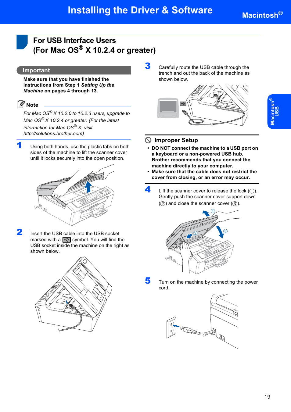 Macintosh, For usb interface users (for mac os, X 10.2.4 or greater) | For usb interface users, For mac os, Installing the driver & software, Important, Improper setup | Brother LASER PRINTER MFC-240C User Manual | Page 21 / 26