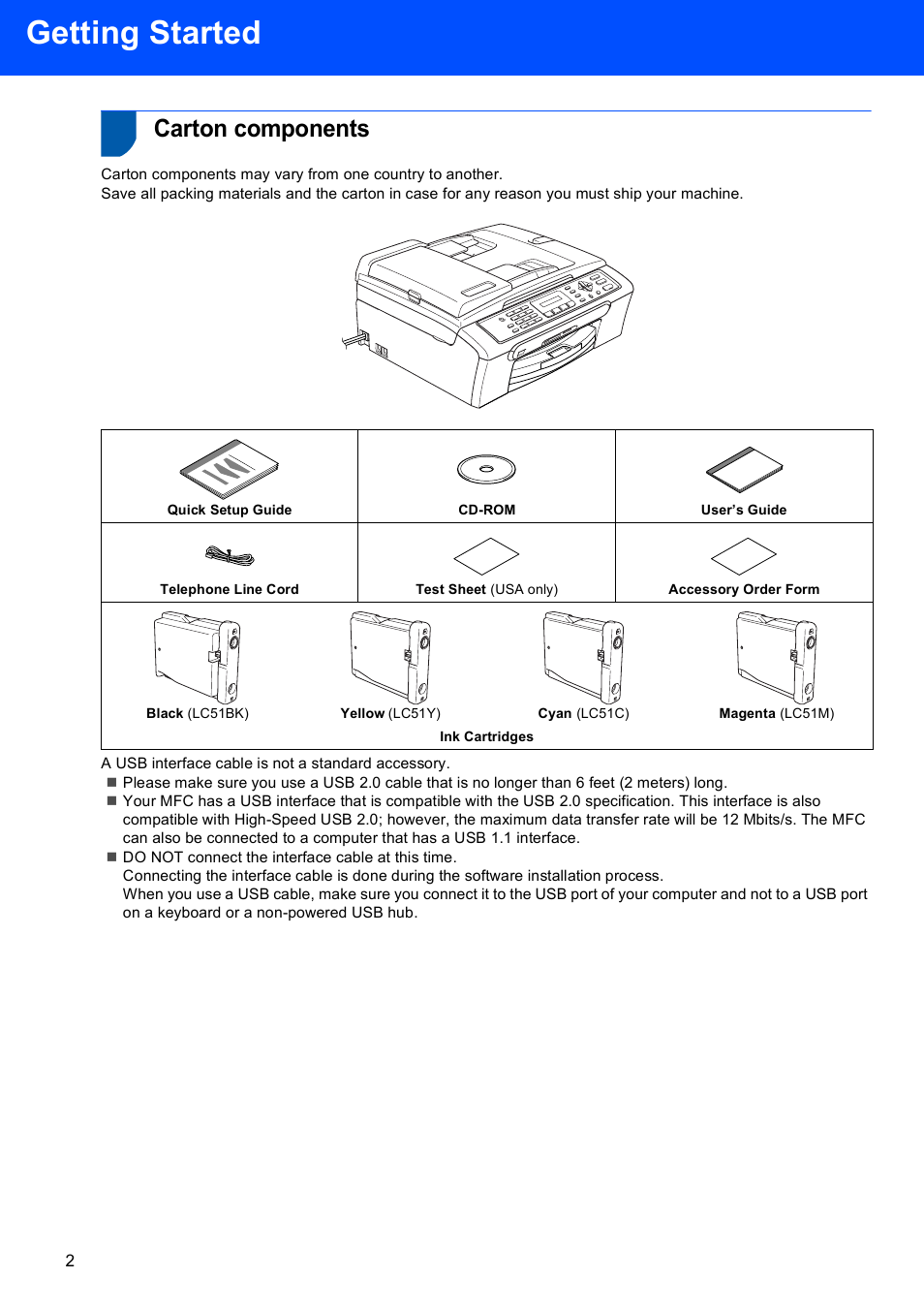 Getting started, Carton components | Brother LASER PRINTER MFC-240C User Manual | Page 4 / 26