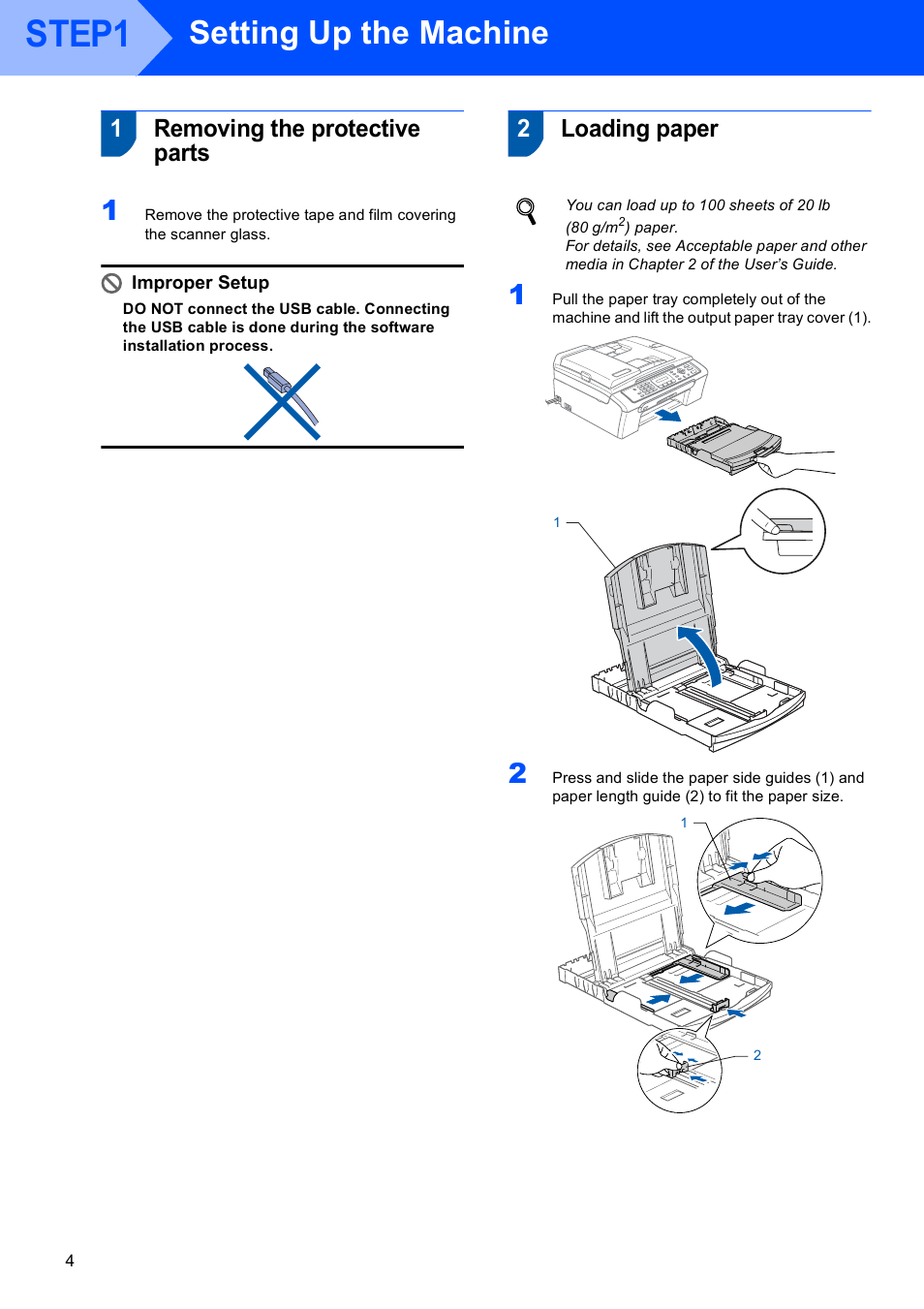 Step 1 setting up the machine, 1 removing the protective parts, 2 loading paper | Step1, Setting up the machine, Removing the protective parts loading paper, 1removing the protective parts, 2loading paper | Brother LASER PRINTER MFC-240C User Manual | Page 6 / 26