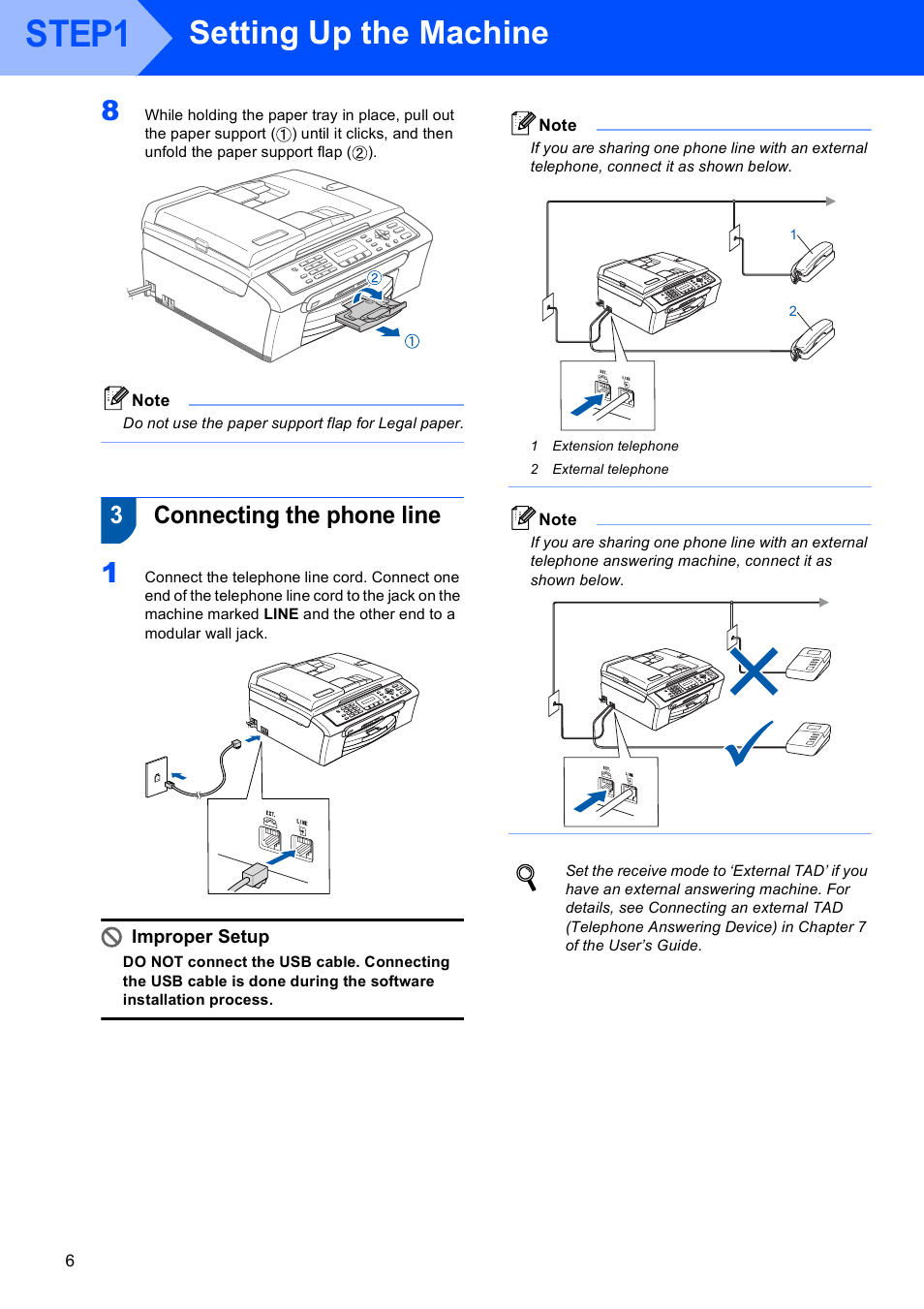 3 connecting the phone line, Connecting the phone line, Step1 | Setting up the machine, 3connecting the phone line, Improper setup | Brother LASER PRINTER MFC-240C User Manual | Page 8 / 26