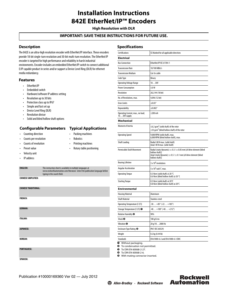 Rockwell Automation 842E EtherNet/IP Multi-Turn Encoders User Manual | 4 pages