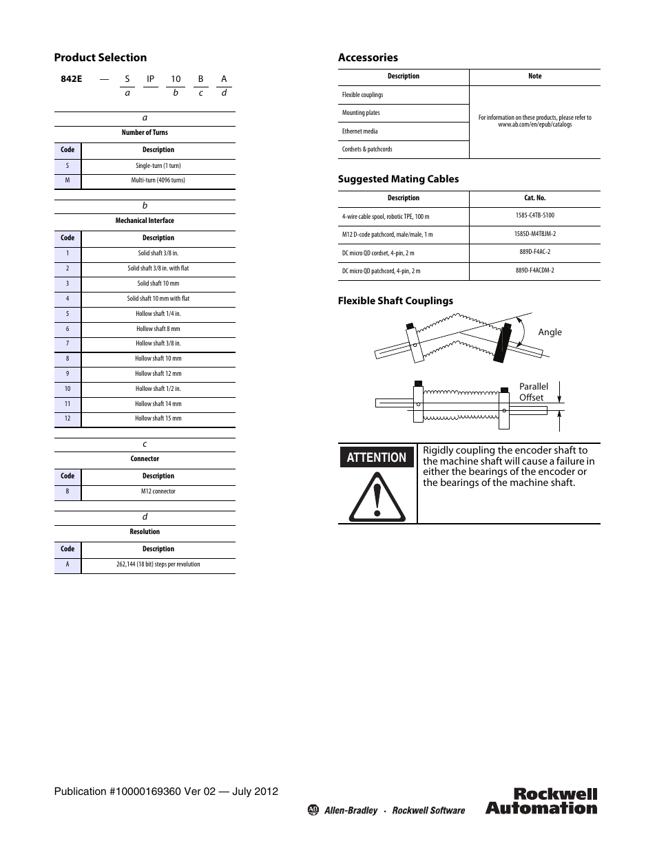 Attention, Product selection, Accessories | Suggested mating cables flexible shaft couplings | Rockwell Automation 842E EtherNet/IP Multi-Turn Encoders User Manual | Page 2 / 4