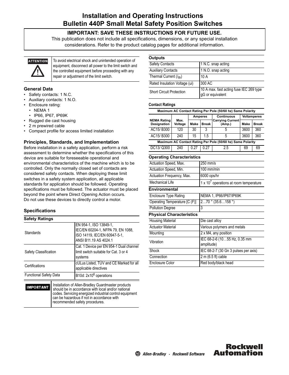 Rockwell Automation 440P Small Metal Safety Position Switches User Manual | 4 pages