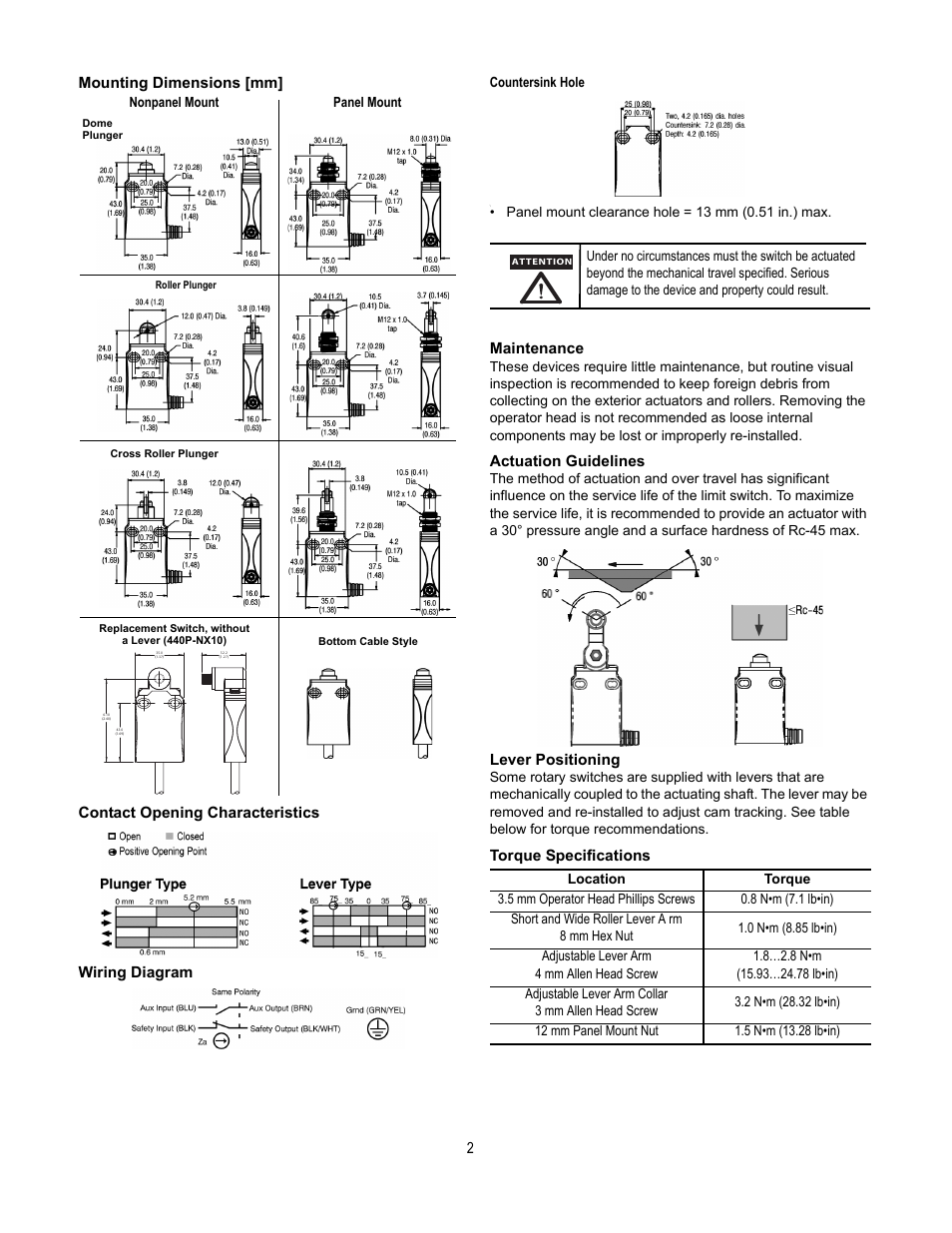 Maintenance, Actuation guidelines, Lever positioning | Torque specifications | Rockwell Automation 440P Small Metal Safety Position Switches User Manual | Page 2 / 4