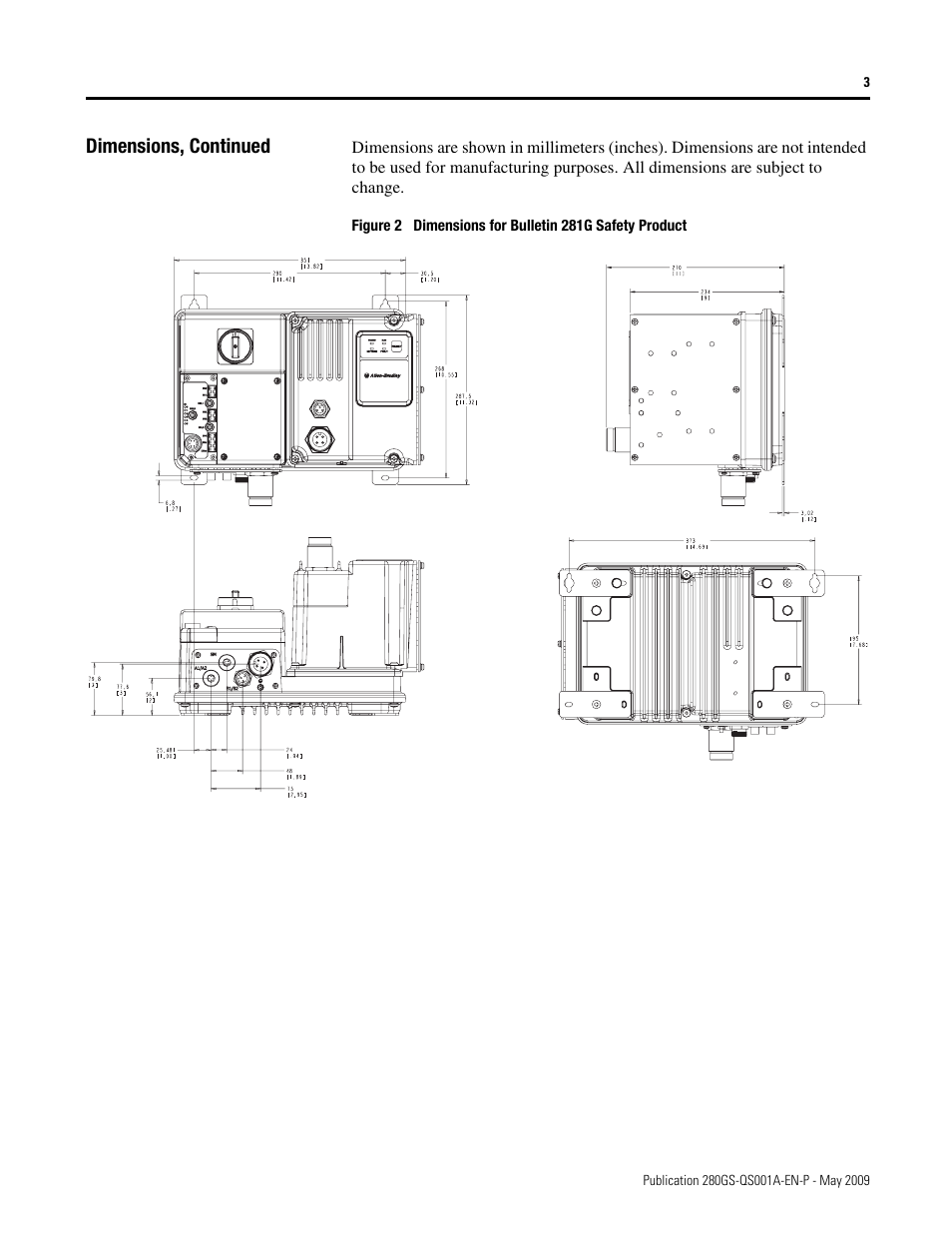 Dimensions, continued | Rockwell Automation 281G ArmorStart - Safety Version - Getting Started User Manual | Page 3 / 24