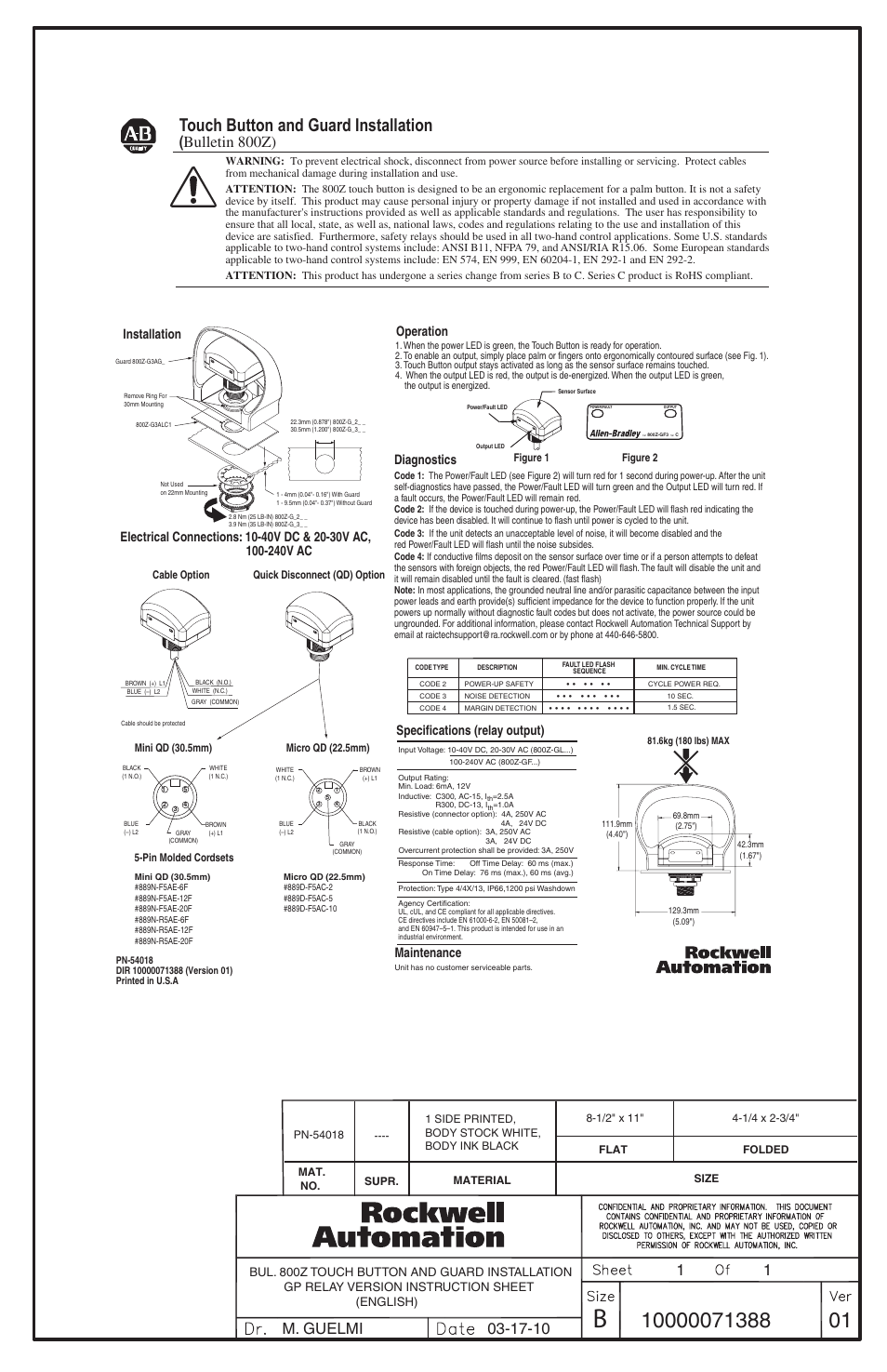 Rockwell Automation 800Z Touch Button and Guard Installation User Manual | 1 page