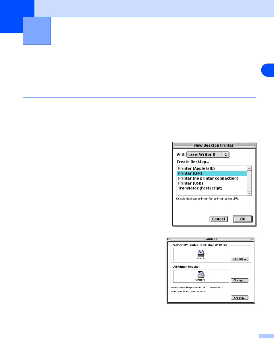 Network printing from macintosh, Overview, Network printing from macintosh® -1 | Overview -1, How to select the printer server (tcp/ip) (mac os, Chapter 6: network printing from macintosh | Brother MFC-7225N User Manual | Page 36 / 56