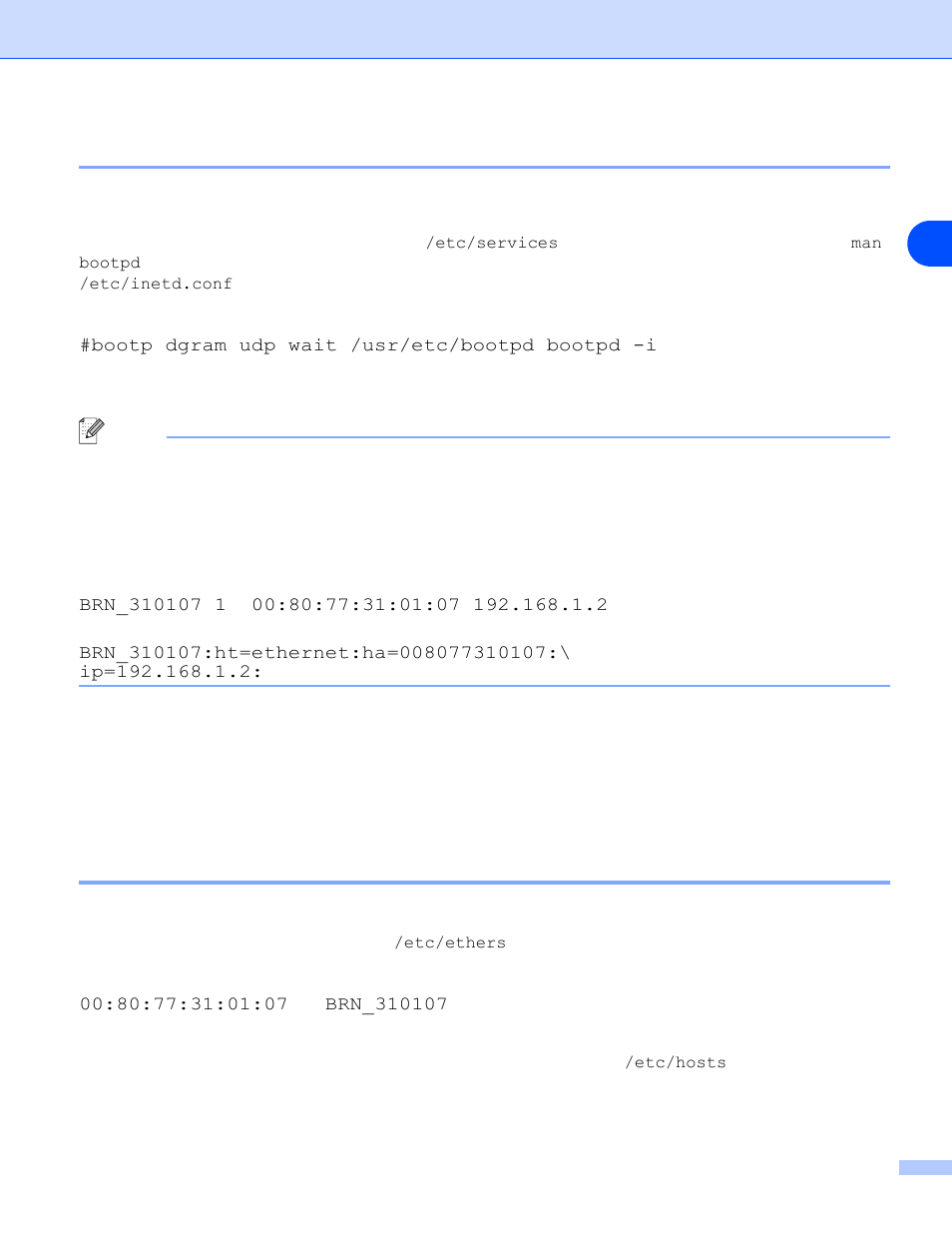 Using bootp to configure the ip address, Using rarp to configure the ip address, Ausing bootp to configure the ip address | Brother MFC-7225N User Manual | Page 49 / 56