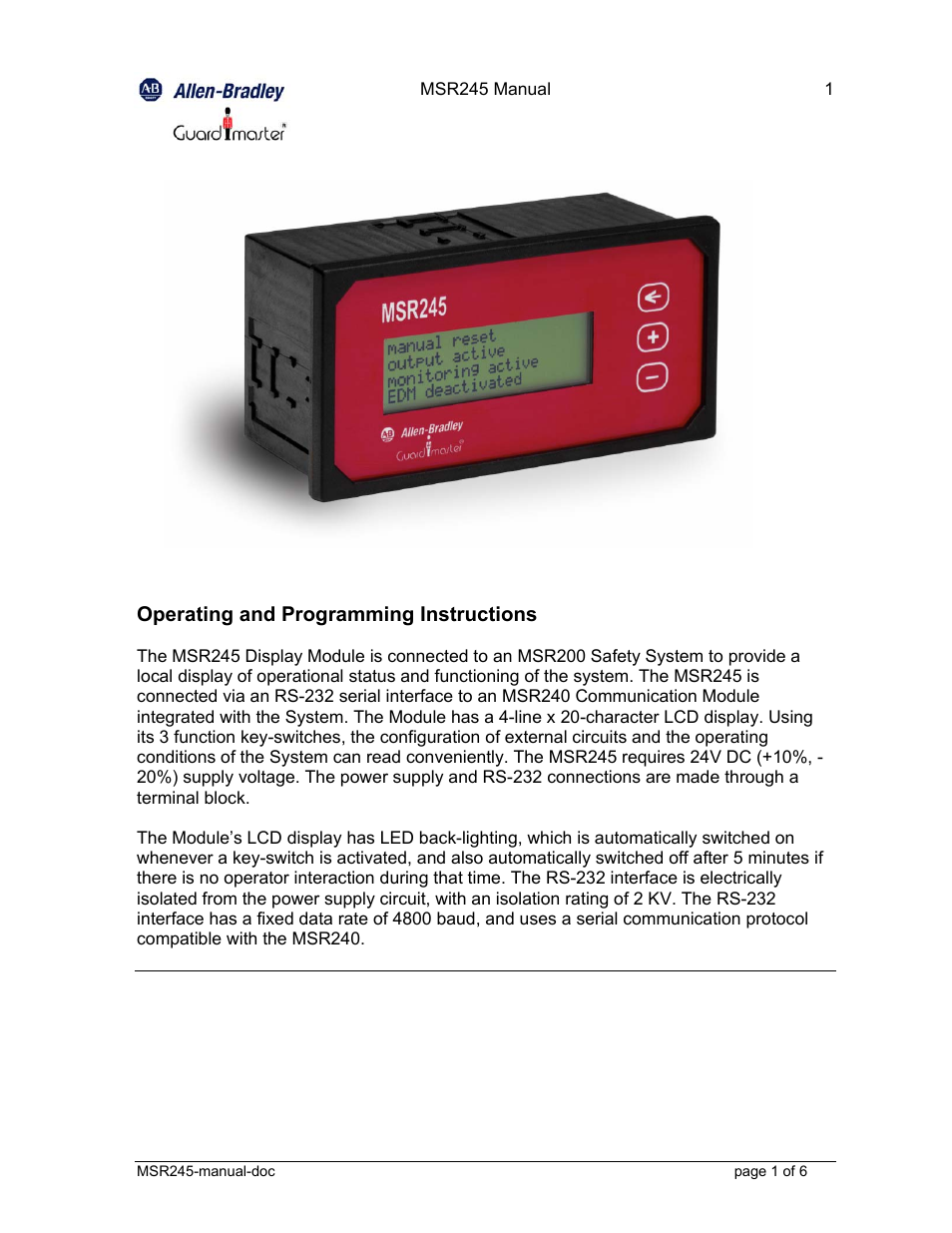 Rockwell Automation 440R MSR245 Minotaur Safety System Display User Manual | 6 pages