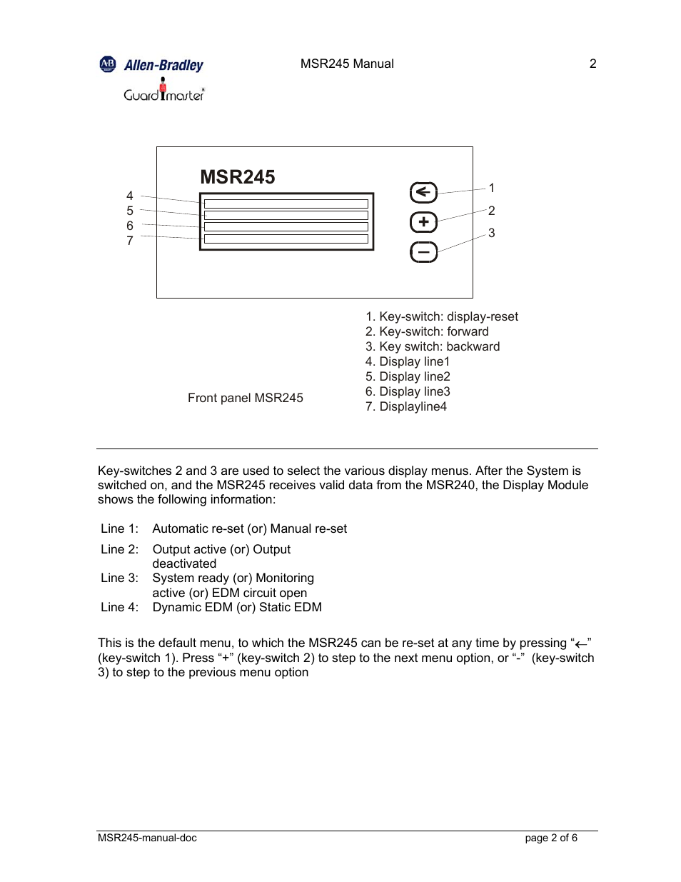 Msr245 | Rockwell Automation 440R MSR245 Minotaur Safety System Display User Manual | Page 2 / 6