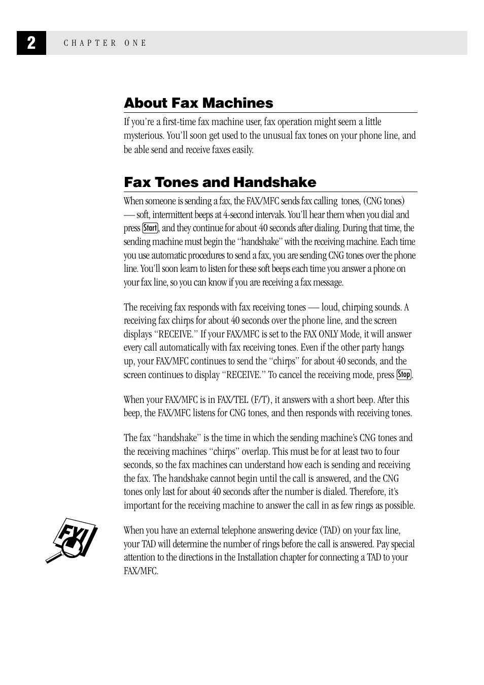 About fax machines, Fax tones and handshake | Brother FAX 1570 MC User Manual | Page 10 / 136