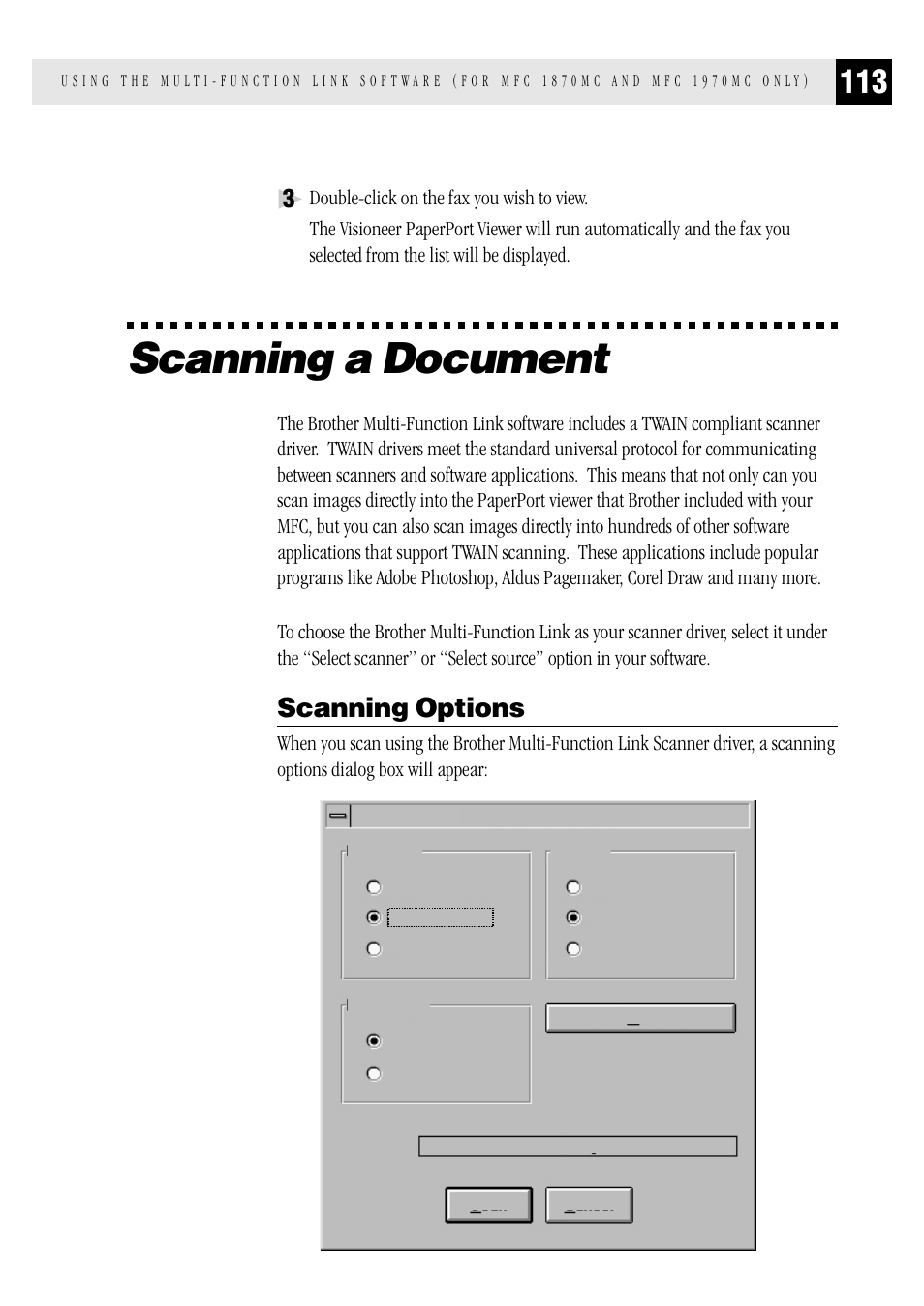 Scanning a document, Scanning options | Brother FAX 1570 MC User Manual | Page 121 / 136