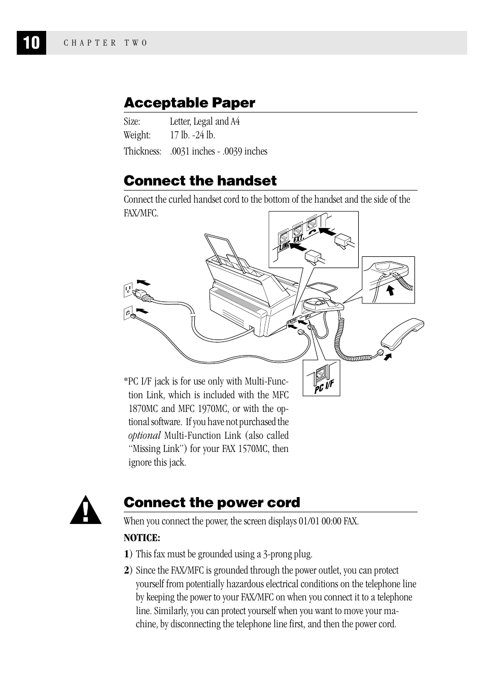 Acceptable paper, Connect the handset, Connect the power cord | Brother FAX 1570 MC User Manual | Page 18 / 136