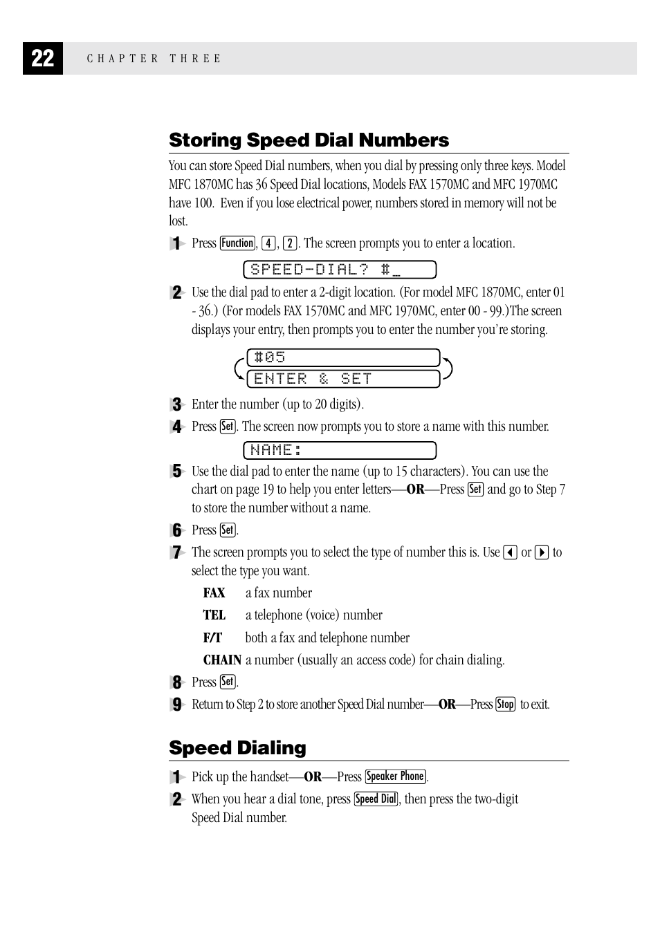 Storing speed dial numbers, Speed dialing | Brother FAX 1570 MC User Manual | Page 30 / 136