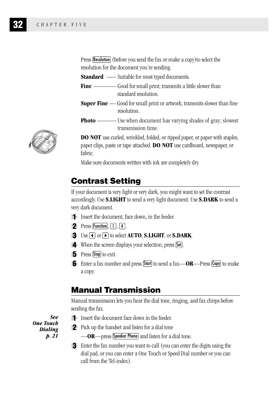 Contrast setting, Manual transmission | Brother FAX 1570 MC User Manual | Page 40 / 136