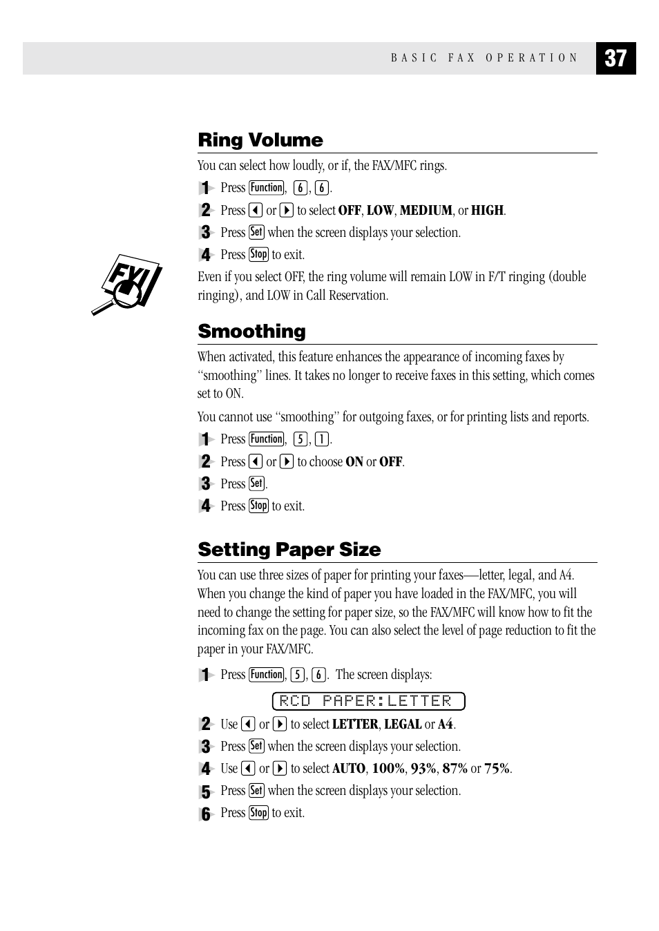 Ring volume, Smoothing, Setting paper size | Brother FAX 1570 MC User Manual | Page 45 / 136