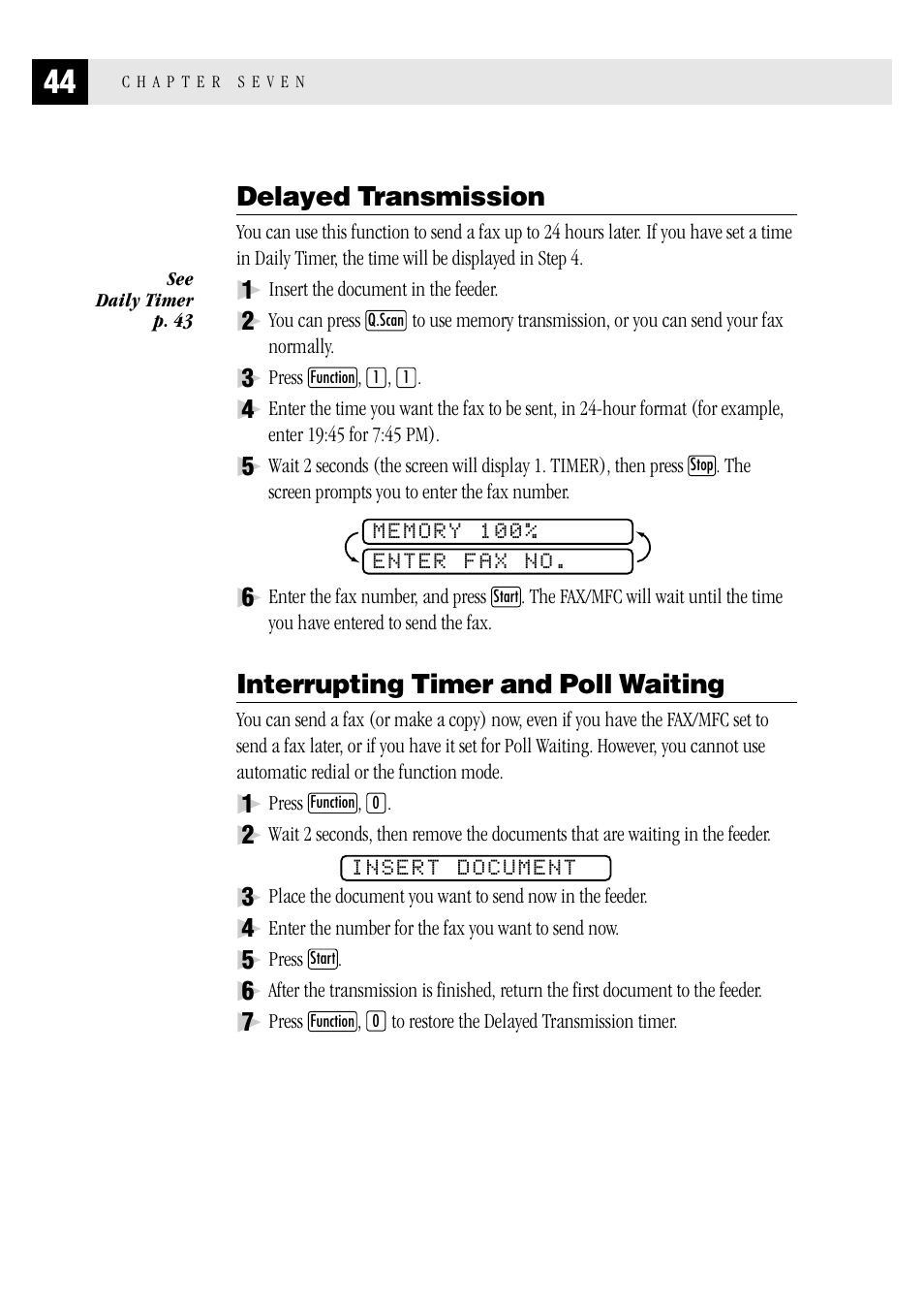 Delayed transmission, Interrupting timer and poll waiting | Brother FAX 1570 MC User Manual | Page 52 / 136
