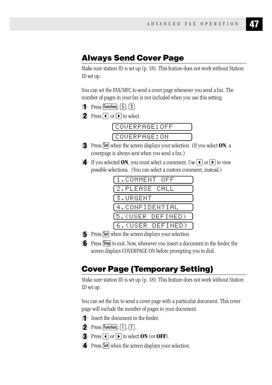 Always send cover page, Cover page (temporary setting) | Brother FAX 1570 MC User Manual | Page 55 / 136