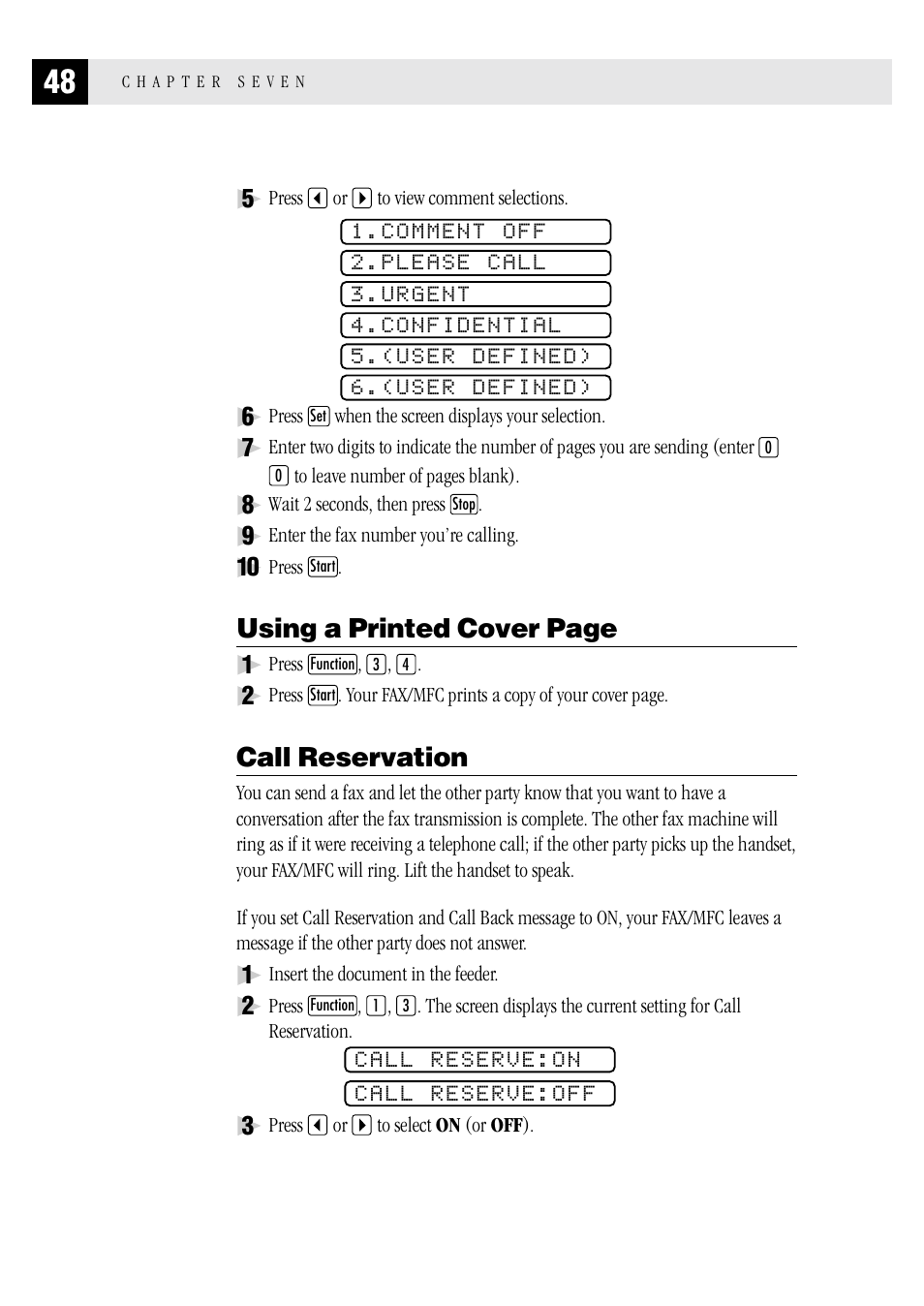 Using a printed cover page, Call reservation | Brother FAX 1570 MC User Manual | Page 56 / 136