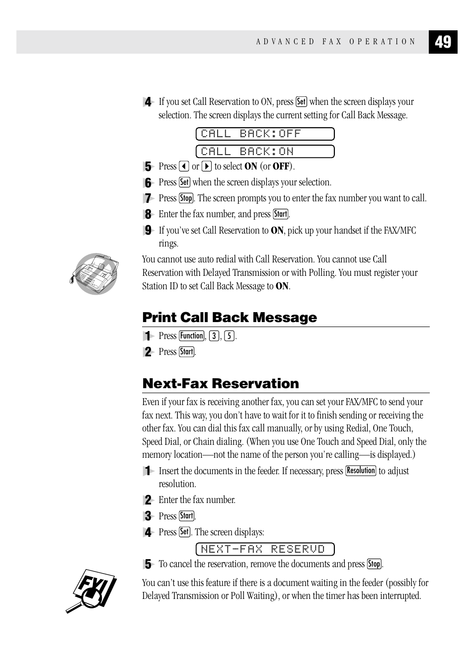 Print call back message, Next-fax reservation | Brother FAX 1570 MC User Manual | Page 57 / 136