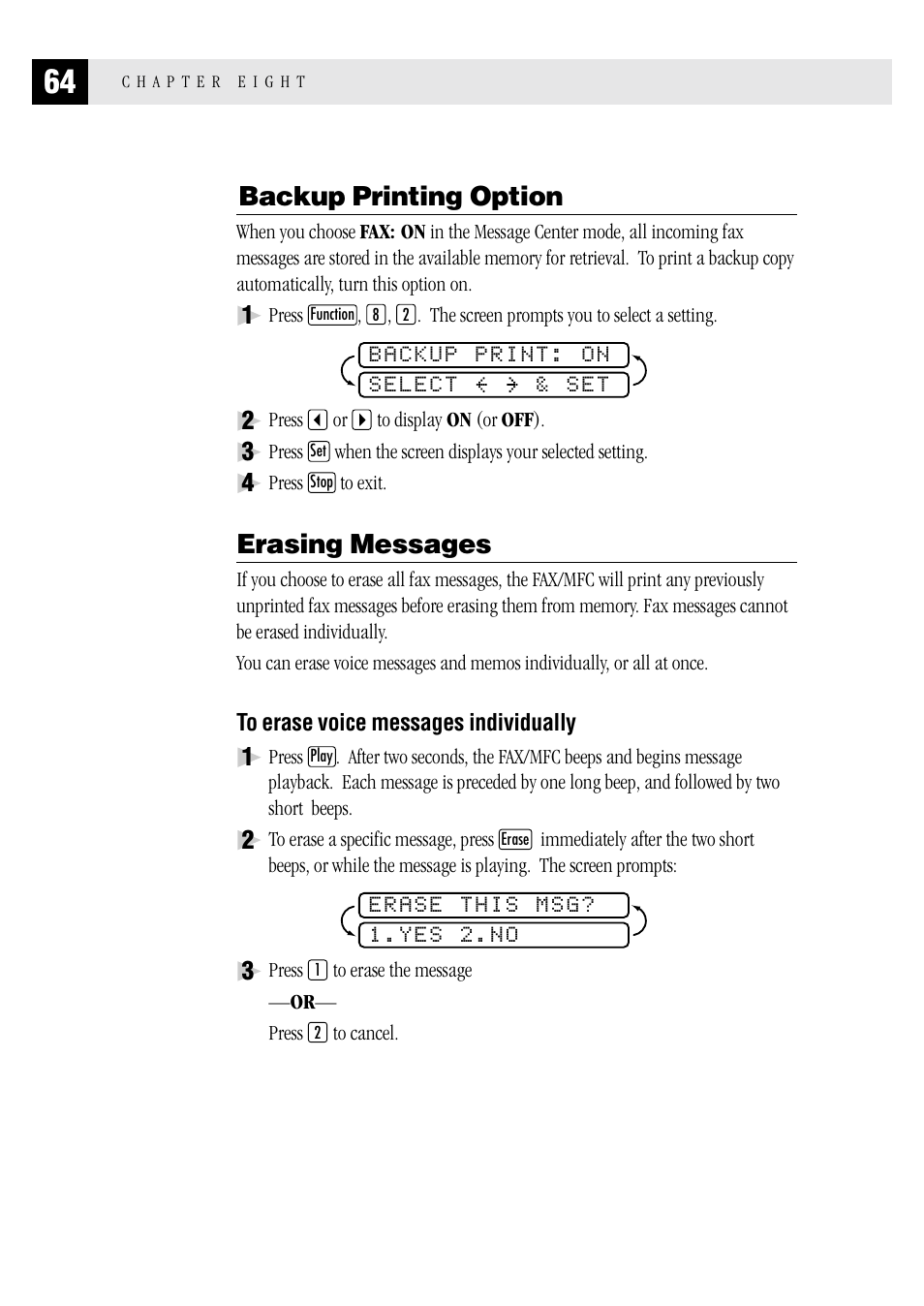 Backup printing option, Erasing messages | Brother FAX 1570 MC User Manual | Page 72 / 136