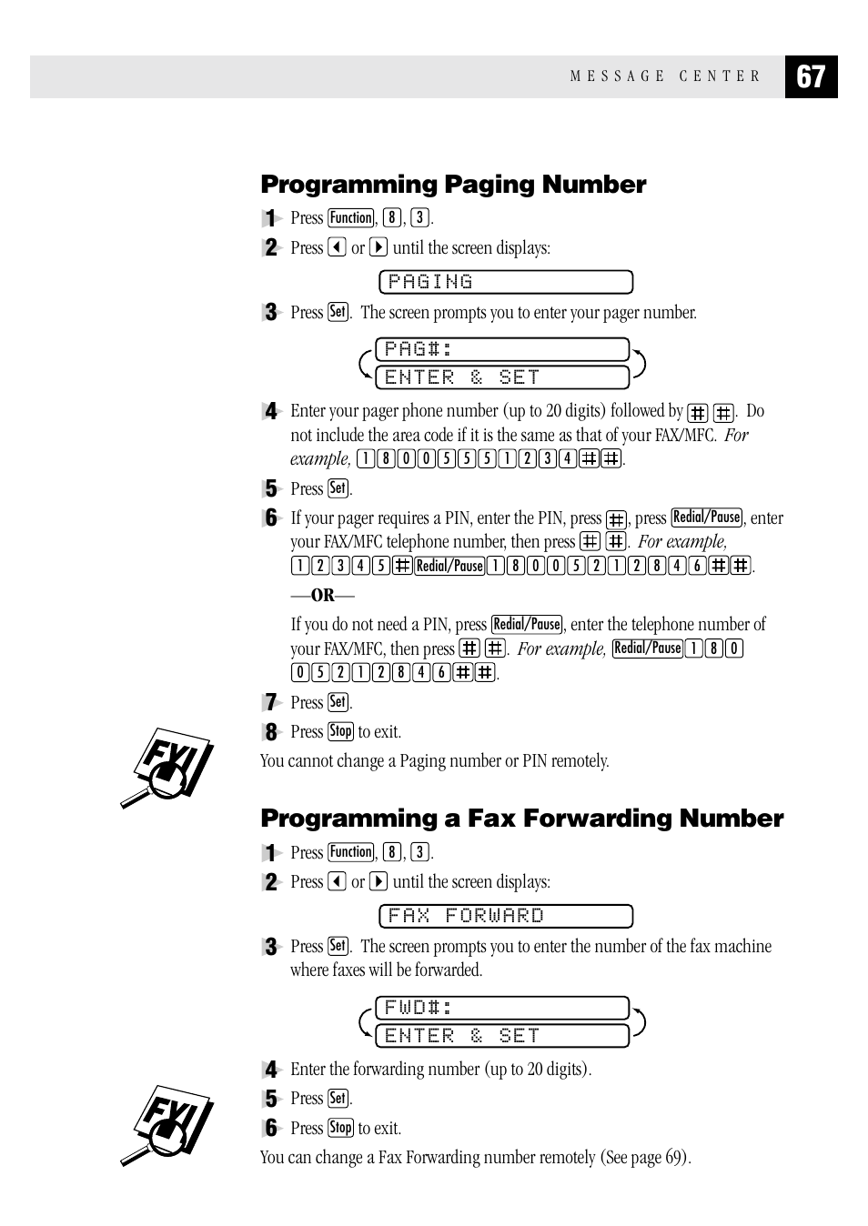 Programming paging number, Programming a fax forwarding number | Brother FAX 1570 MC User Manual | Page 75 / 136