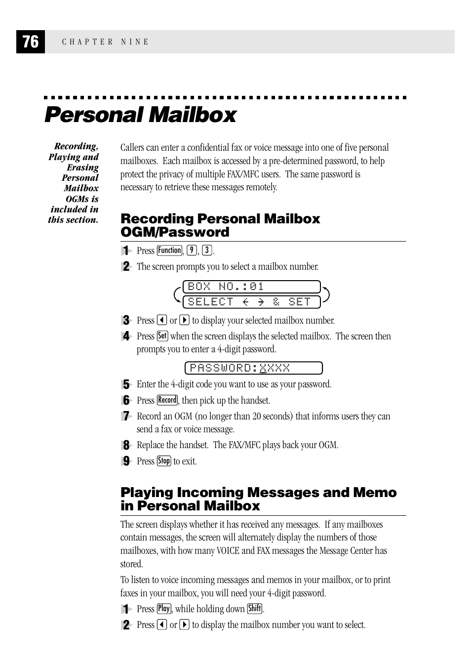 Personal mailbox, Recording personal mailbox ogm/password | Brother FAX 1570 MC User Manual | Page 84 / 136