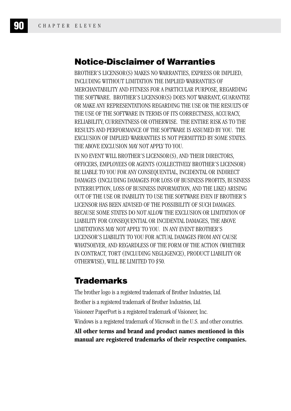 Notice-disclaimer of warranties, Trademarks | Brother FAX 1570 MC User Manual | Page 98 / 136