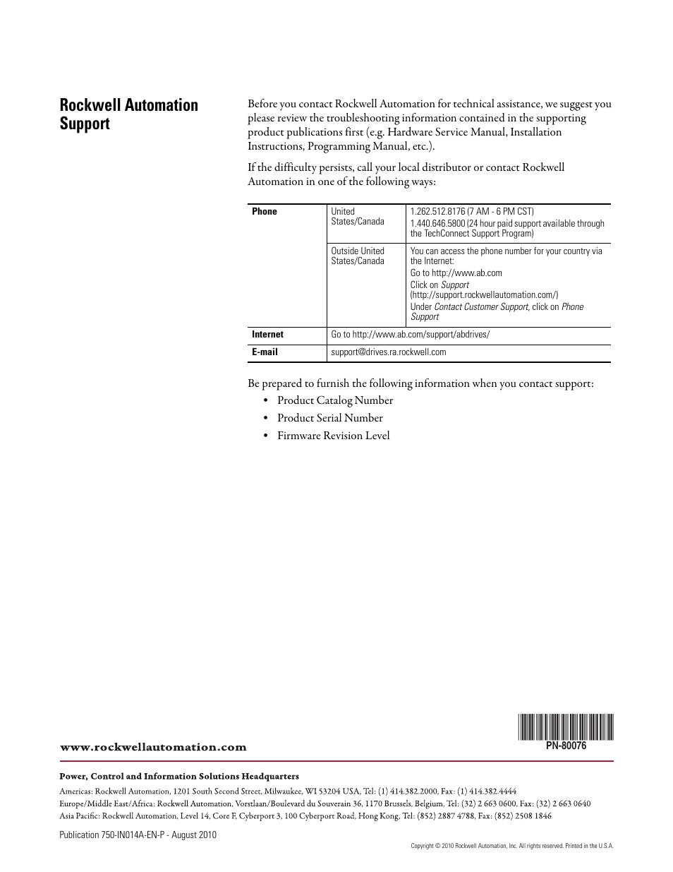 Rockwell automation support | Rockwell Automation 21G PowerFlex 755 Roll-Out Cart User Manual | Page 10 / 10