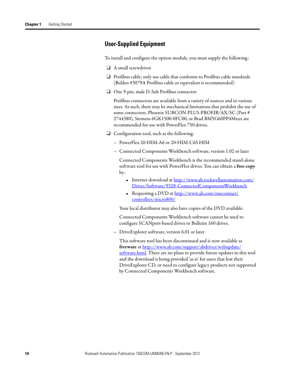User-supplied equipment | Rockwell Automation 20-750-PBUS Profibus DPV1 Option Module User Manual | Page 14 / 96