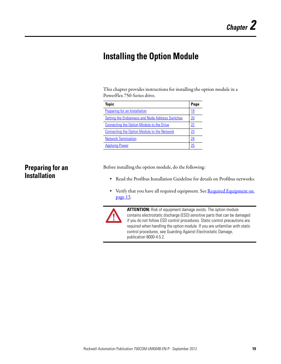 Chapter 2, Installing the option module, Preparing for an installation | Rockwell Automation 20-750-PBUS Profibus DPV1 Option Module User Manual | Page 19 / 96