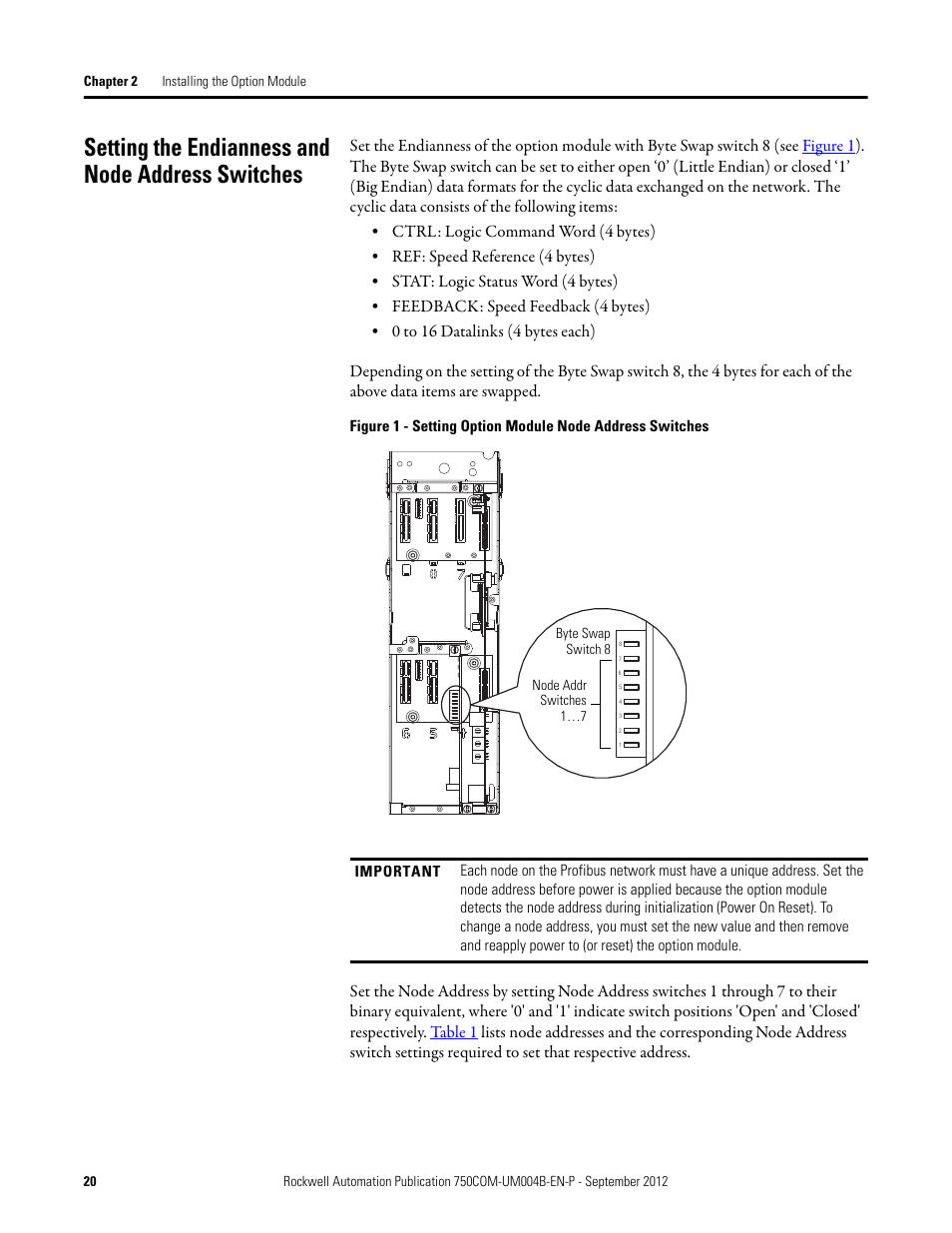 Setting the endianness and node address switches, Module. see, Setting the endianness and | Rockwell Automation 20-750-PBUS Profibus DPV1 Option Module User Manual | Page 20 / 96