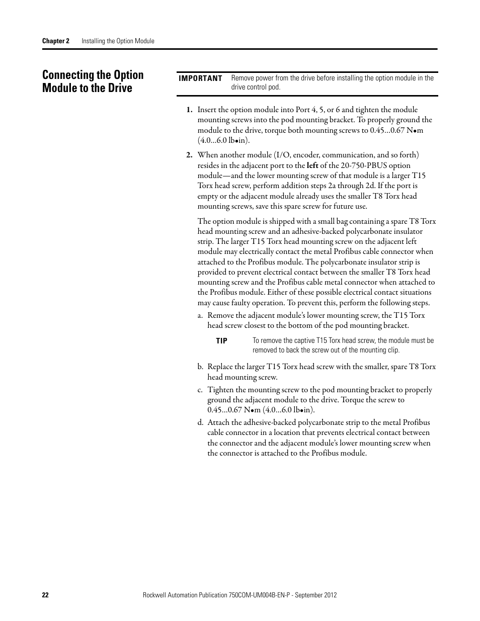 Connecting the option module to the drive | Rockwell Automation 20-750-PBUS Profibus DPV1 Option Module User Manual | Page 22 / 96