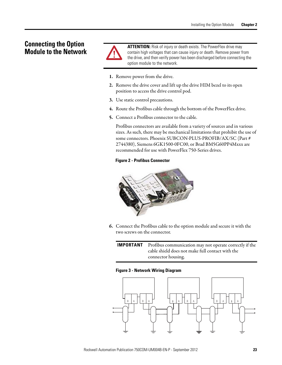 Connecting the option module to the network | Rockwell Automation 20-750-PBUS Profibus DPV1 Option Module User Manual | Page 23 / 96