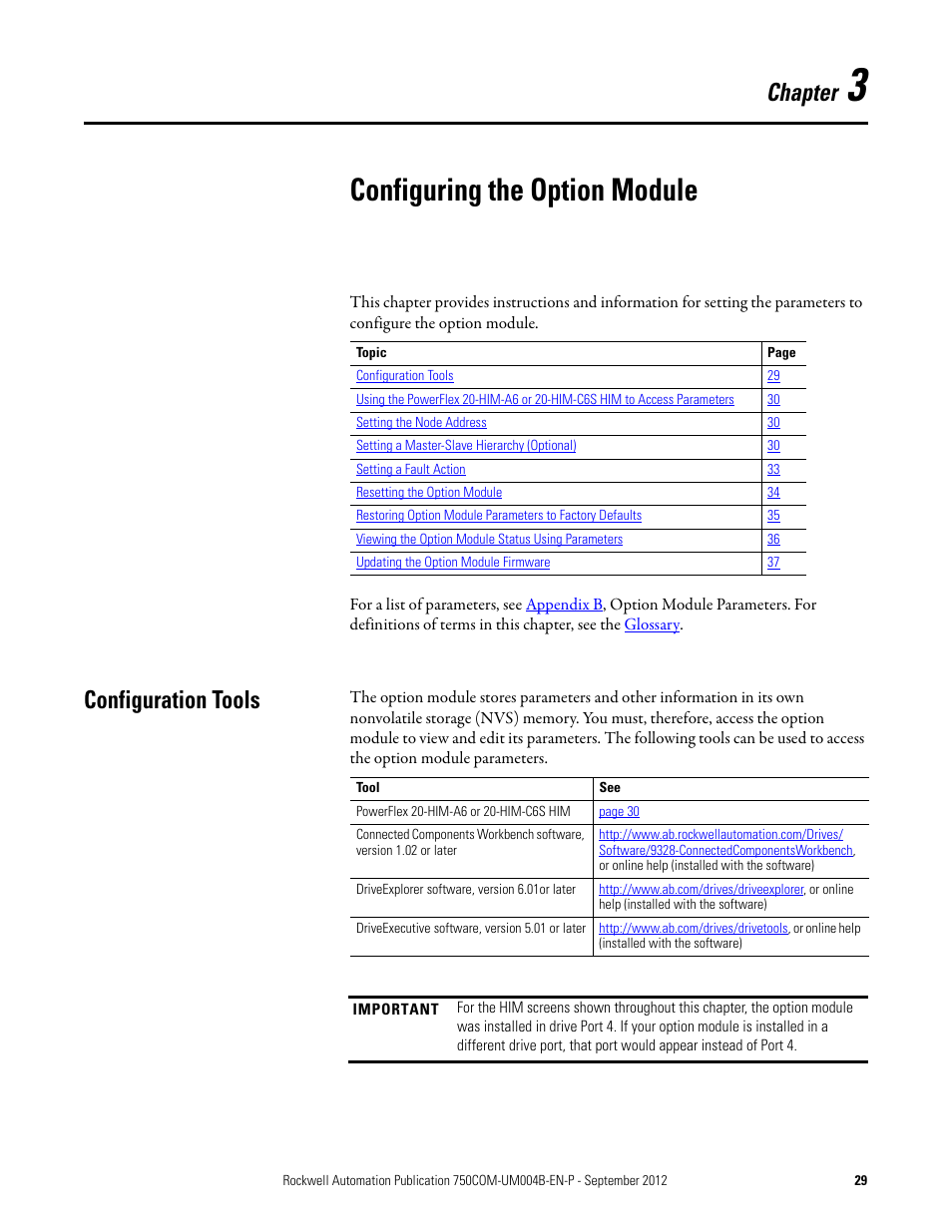 Chapter 3, Configuring the option module, Configuration tools | Rockwell Automation 20-750-PBUS Profibus DPV1 Option Module User Manual | Page 29 / 96