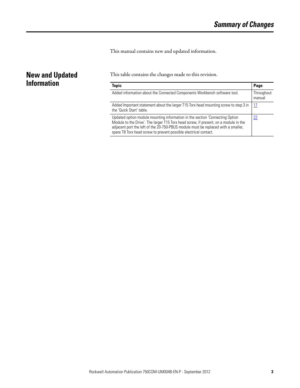 Summary of changes, New and updated information | Rockwell Automation 20-750-PBUS Profibus DPV1 Option Module User Manual | Page 3 / 96