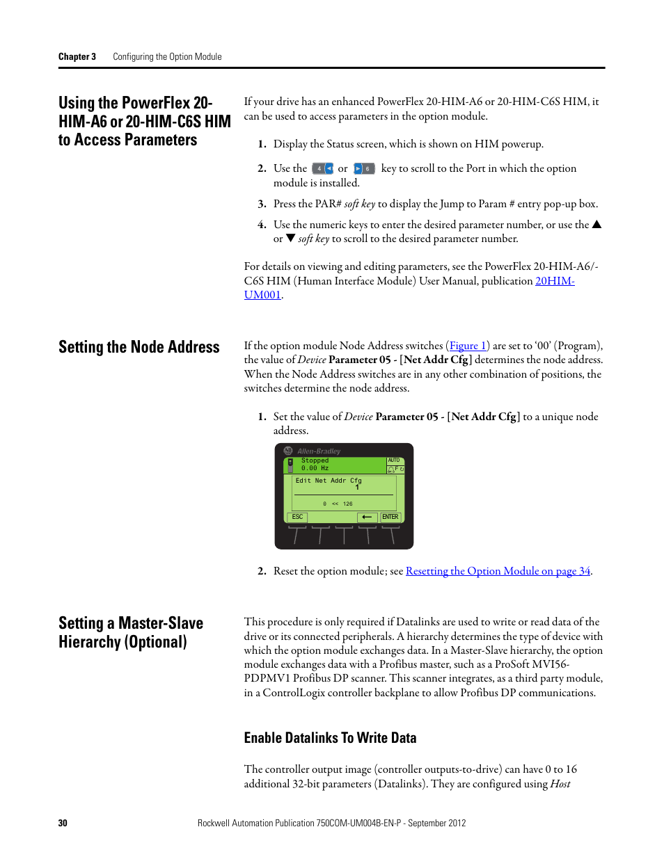 Setting the node address, Setting a master-slave hierarchy (optional), Enable datalinks to write data | Parameters | Rockwell Automation 20-750-PBUS Profibus DPV1 Option Module User Manual | Page 30 / 96