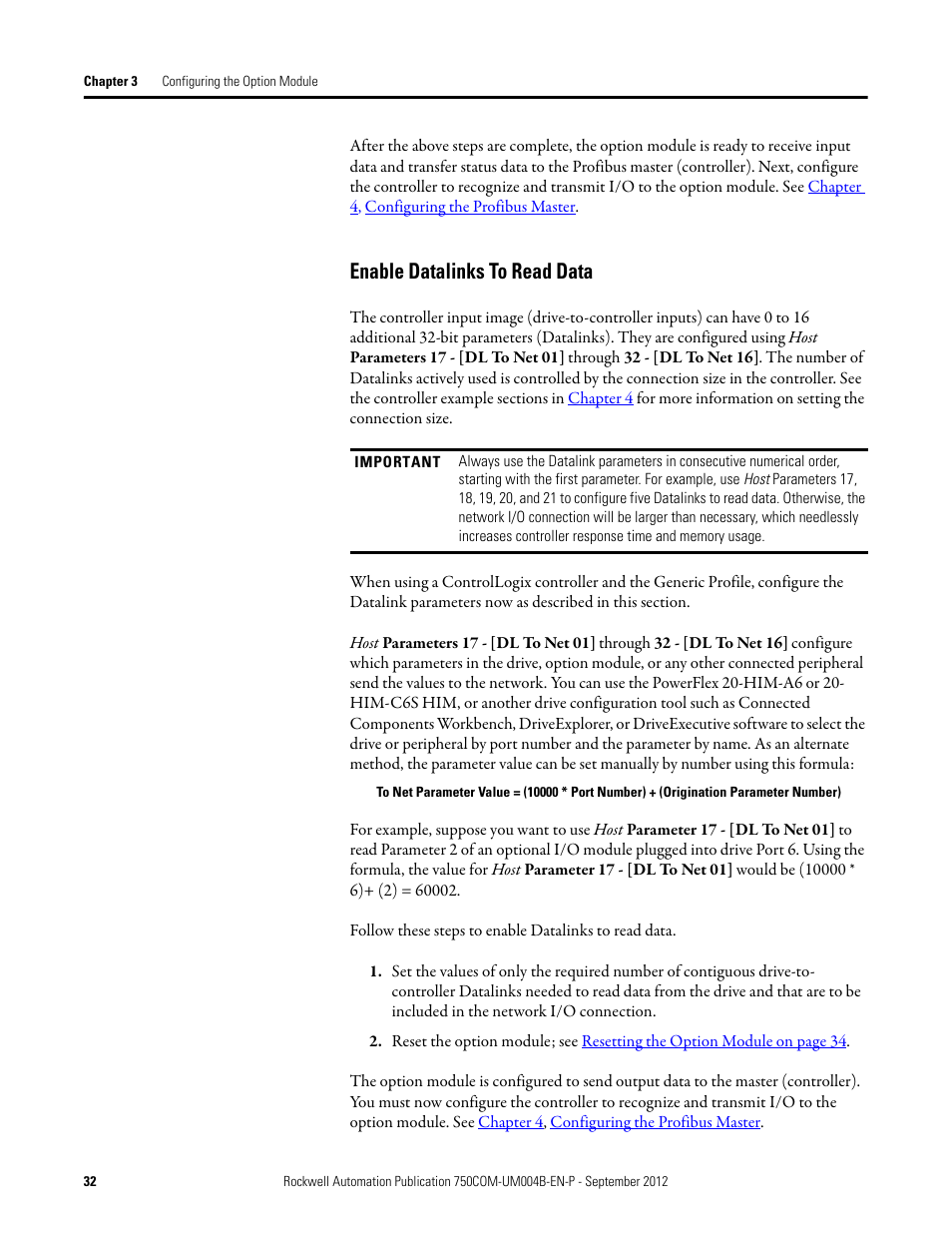 Enable datalinks to read data | Rockwell Automation 20-750-PBUS Profibus DPV1 Option Module User Manual | Page 32 / 96