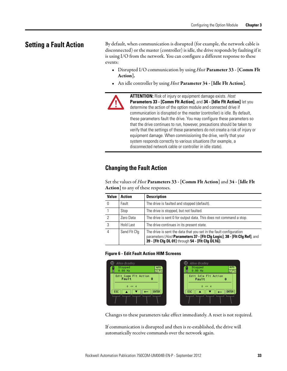 Setting a fault action, Changing the fault action | Rockwell Automation 20-750-PBUS Profibus DPV1 Option Module User Manual | Page 33 / 96